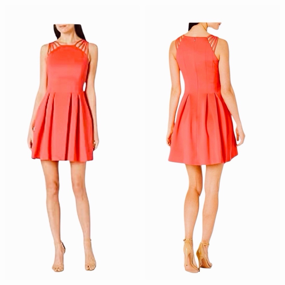 Vince Camuto Fit & Flare Coral Dress Sz 4 Pockets Wedding Spring Strappy Neck